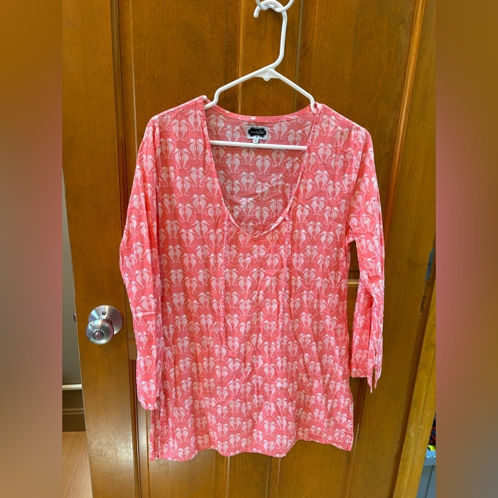 Mud Pie Women’s Seahorse Print Swim Cover-Up Tunic Dress Coral Pink Size S (4-6)